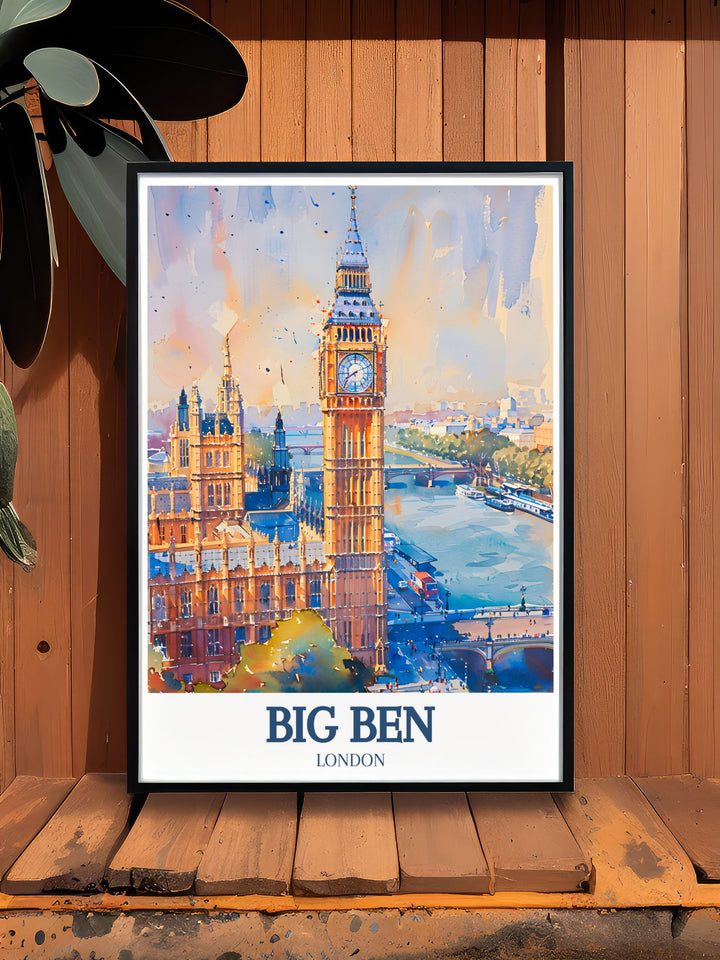 Elegant London wall art depicting Big Ben and the Houses of Parliament with the River Thames, showcasing the citys architectural and scenic beauty. Perfect for adding sophistication and a touch of history to any room.