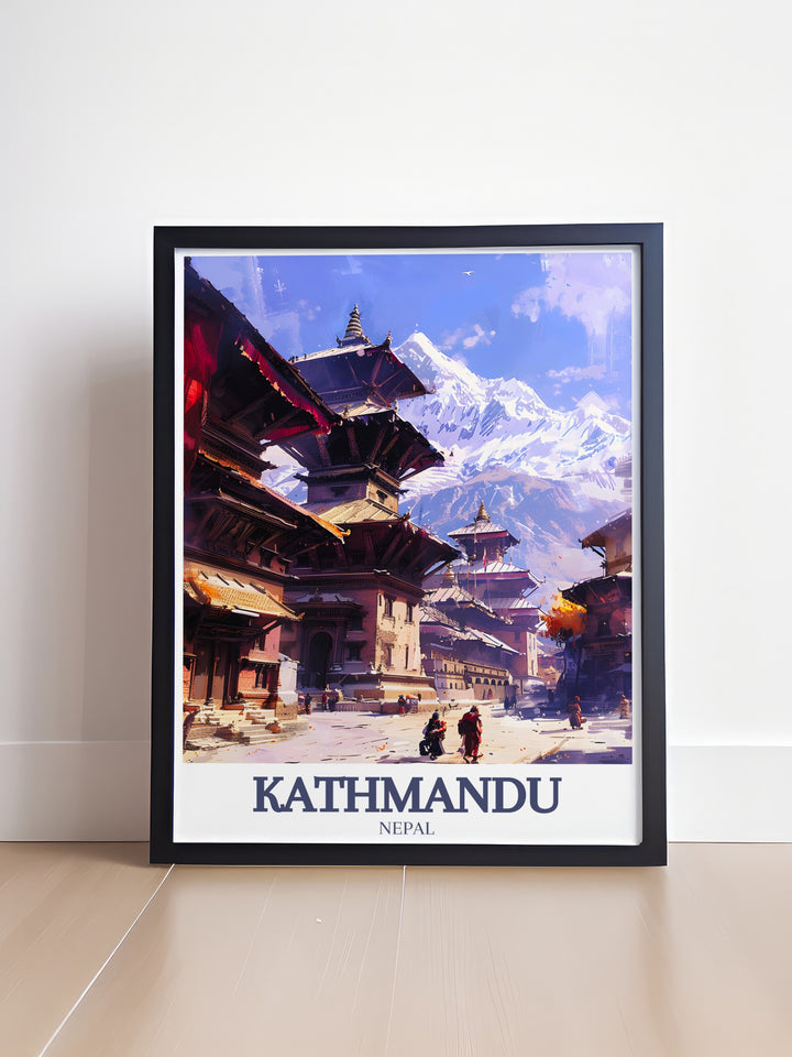 Bring Nepals majestic landscapes and ancient history to life with this Kathmandu art print. Featuring Durbar Square and Mount Everest, its the perfect piece of wall art for anyone inspired by Nepals beauty.