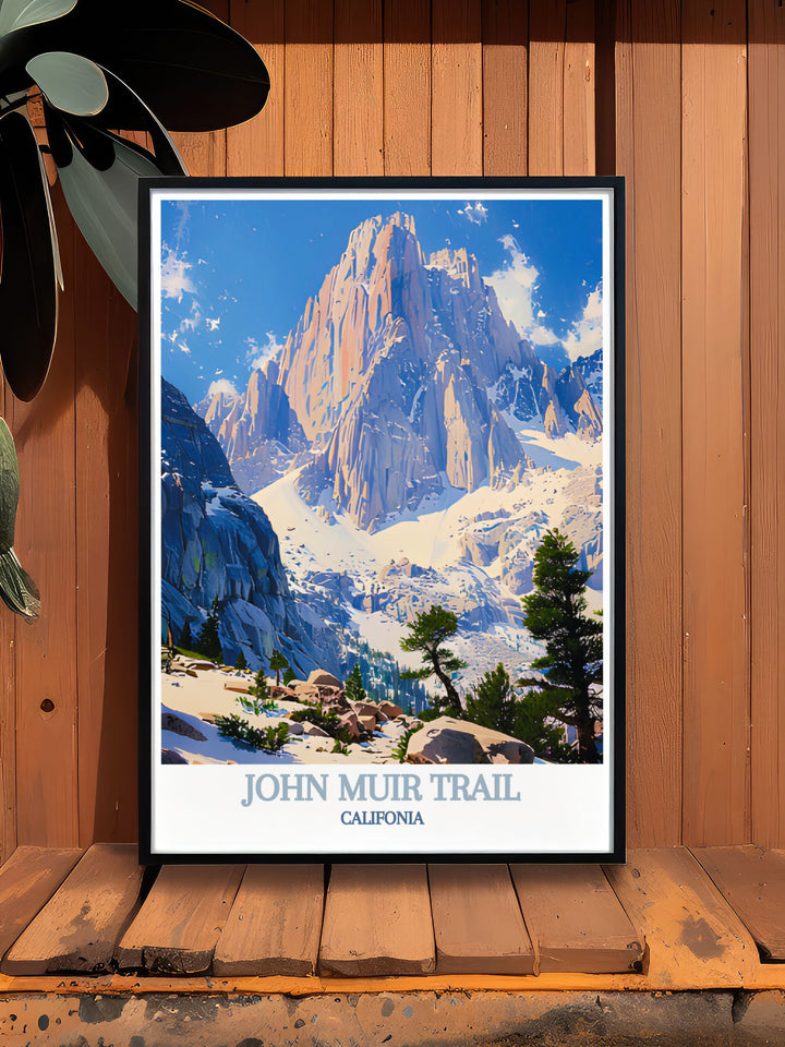 Capturing the dramatic scenery of Mount Whitney, this travel poster brings the stunning beauty of this towering peak into your home decor. Perfect for those who love rugged landscapes and serene wilderness.