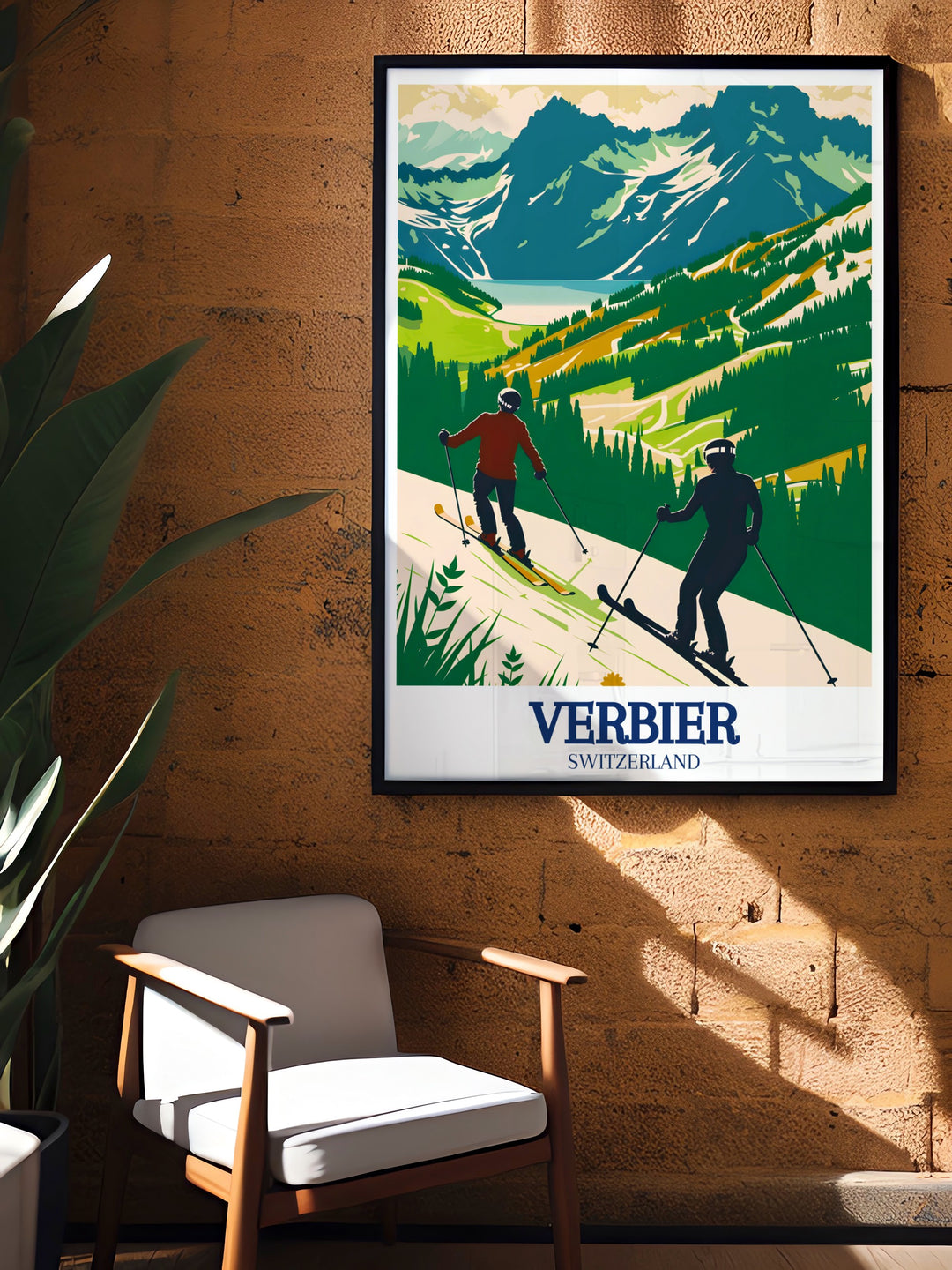 Canton of Valais framed art highlighting the stunning landscapes surrounding Verbier and Lake des Vaux. This piece of art is perfect for those who appreciate both natural beauty and the excitement of skiing, making it an ideal travel gift or décor addition for any adventure lover.