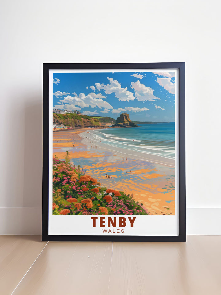 Tenby North Beach stunning print featuring the golden sands and historic Tenby Castle. Ideal for coastal home decor this retro art print brings the charm of the Pembrokeshire Coast into your living space with its timeless and elegant design.