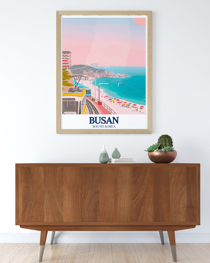 South Korea wall art featuring Haeundae Beach and the Haeundae Beach Train perfect for creating a serene coastal atmosphere in any room while showcasing the vibrant beauty of Busans seaside and cultural landmarks.