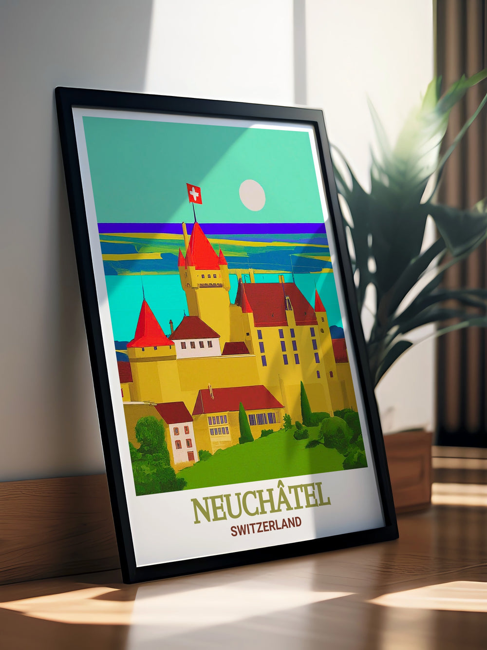 Neuchâtel Castle modern prints showcasing the stunning landscape of Lake Neuchatel in France. This France travel art offers elegant home decor with a peaceful view of the castle and lake. Ideal for adding a touch of French charm to your living space.