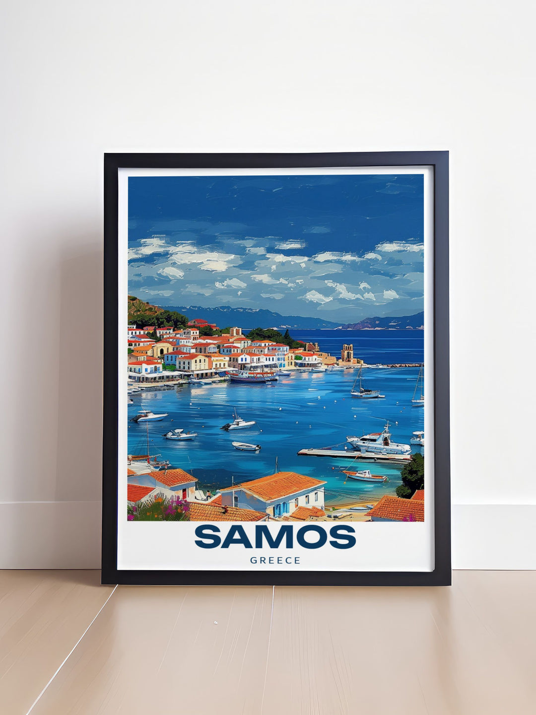 This travel print of Samos brings the beauty of Pythagoreio to life. Known for its ancient ruins and stunning Mediterranean views, this artwork is a must have for anyone who appreciates Greeces rich history and coastal charm.