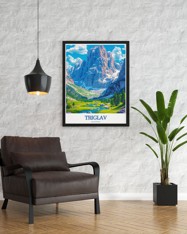 Stunning living room decor with Triglav Peak modern art showcasing the breathtaking Mount Triglav and the Julian Alps Slovenia perfect for creating a peaceful yet adventurous atmosphere in your home or office.