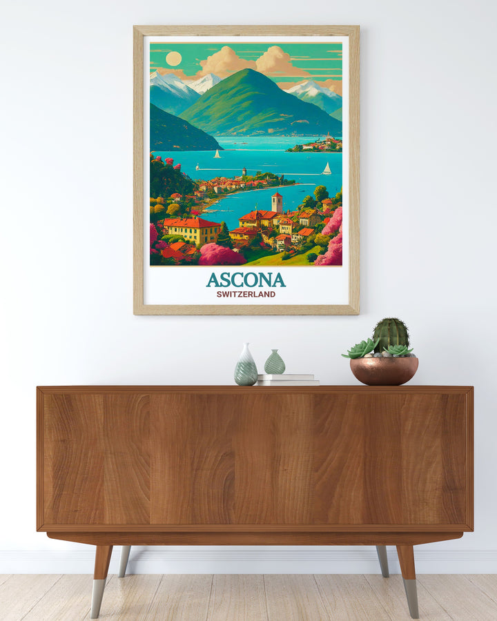 Ascona travel print capturing the unique Mediterranean atmosphere of this charming town, nestled by the shores of Lake Maggiore. This artwork evokes the warmth and vibrancy of Switzerlands southern gem.