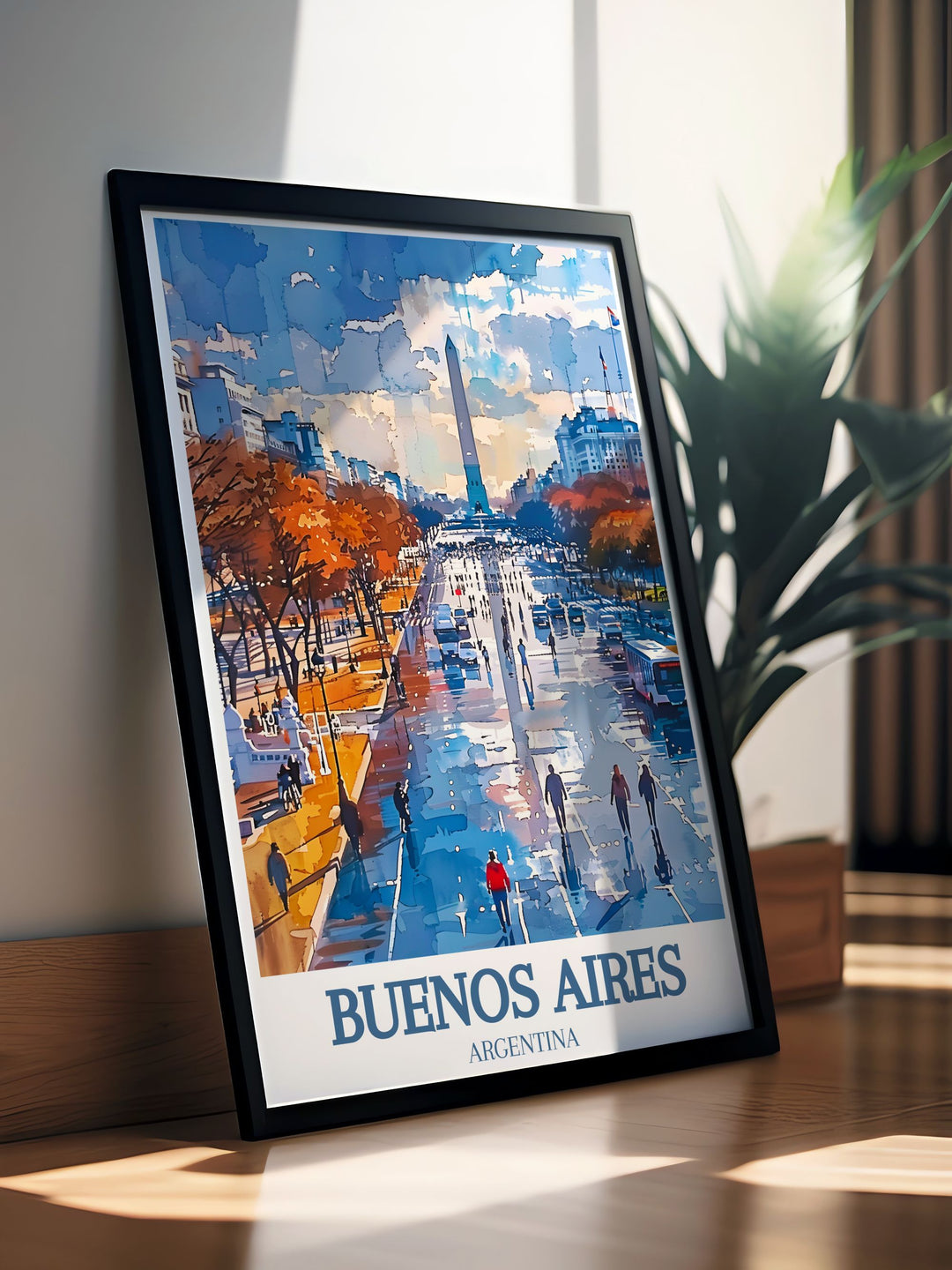 Beautiful Buenos Aires poster featuring the majestic Obelisk and the dynamic Plaza de la Republica, perfect for enhancing your home or office with Argentinas architectural landmarks.