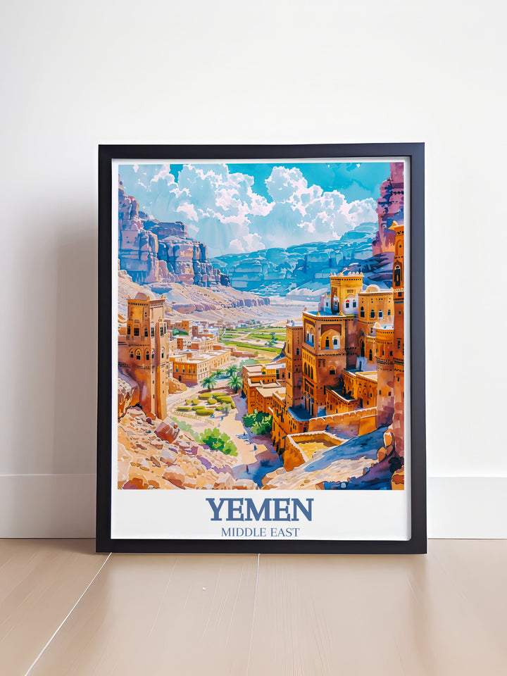 Beautiful Travel Poster Print of Al Mahwit ideal for adding a touch of elegance to any space featuring intricate details and vibrant colors that celebrate Yemens rich culture