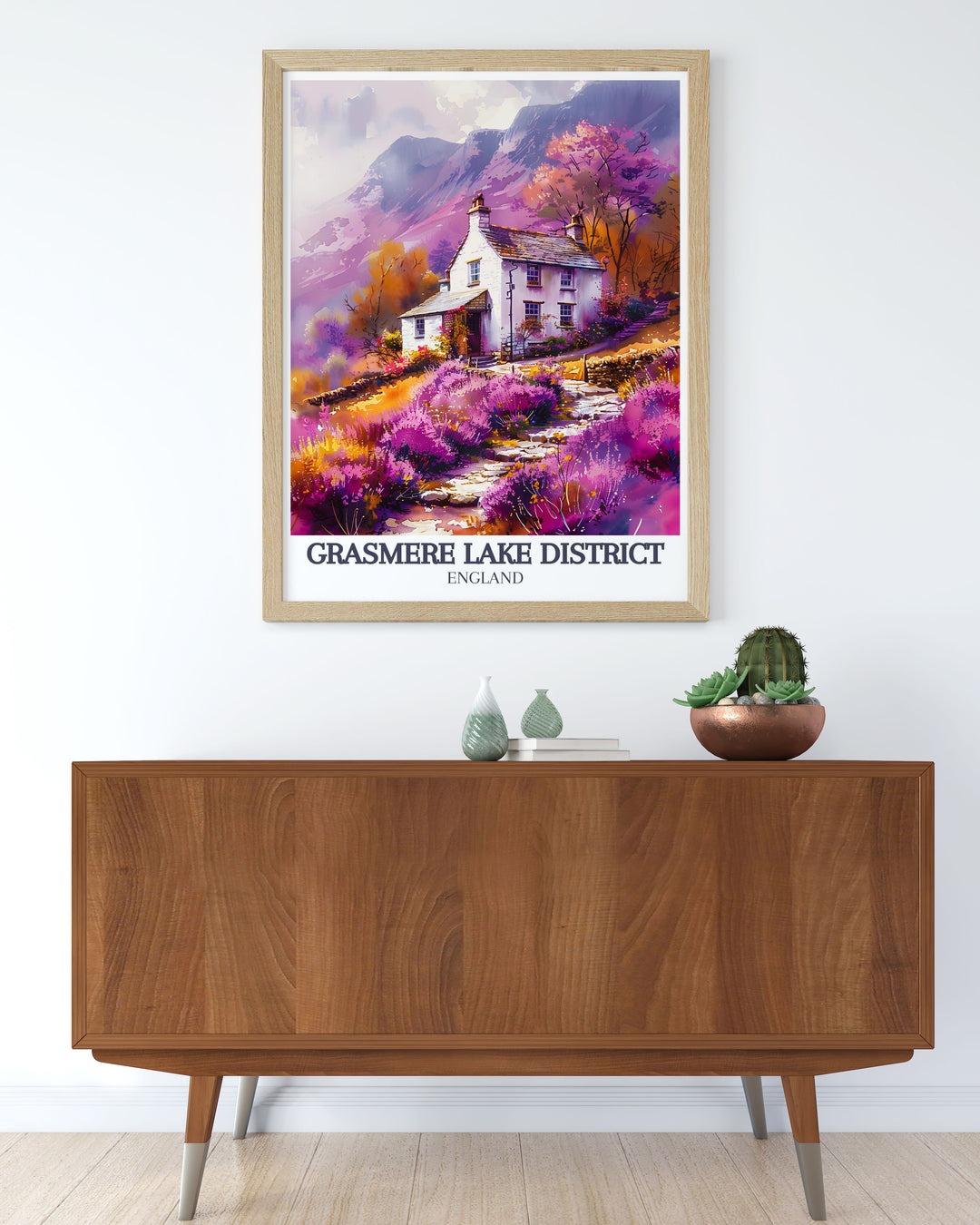This detailed illustration of Grasmere Lake and Village captures the serene landscape and historic charm of the Lake District, England, making it an ideal piece for enhancing your home with natural and cultural beauty.