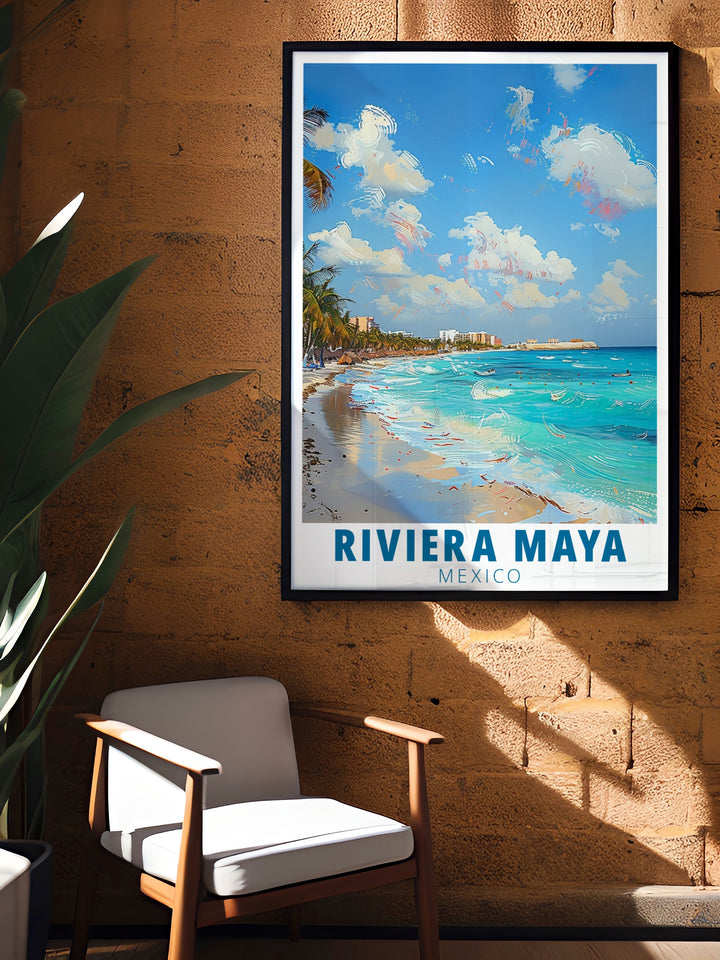 Our Riviera Maya travel poster celebrates the stunning beaches of Playa del Carmen, making it a perfect gift for beach lovers. The artwork captures the warmth and beauty of Mexicos Riviera Maya.