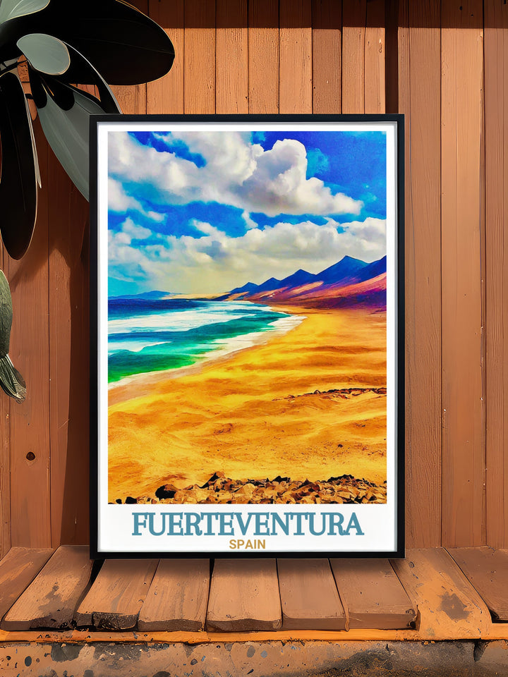 A captivating travel print of Cofete Beach on Fuerteventuras western coast. This poster makes a great addition to any wall art collection, celebrating Spains Canary Islands and their unique coastal charm.