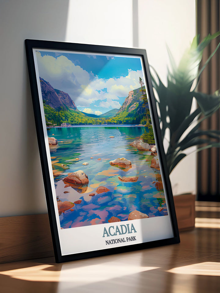 Stunning vintage print of Jordan Pond in Acadia National Park perfect for creating a focal point in any room ideal for those who love national park posters and want to add a touch of natural beauty to their home decor.