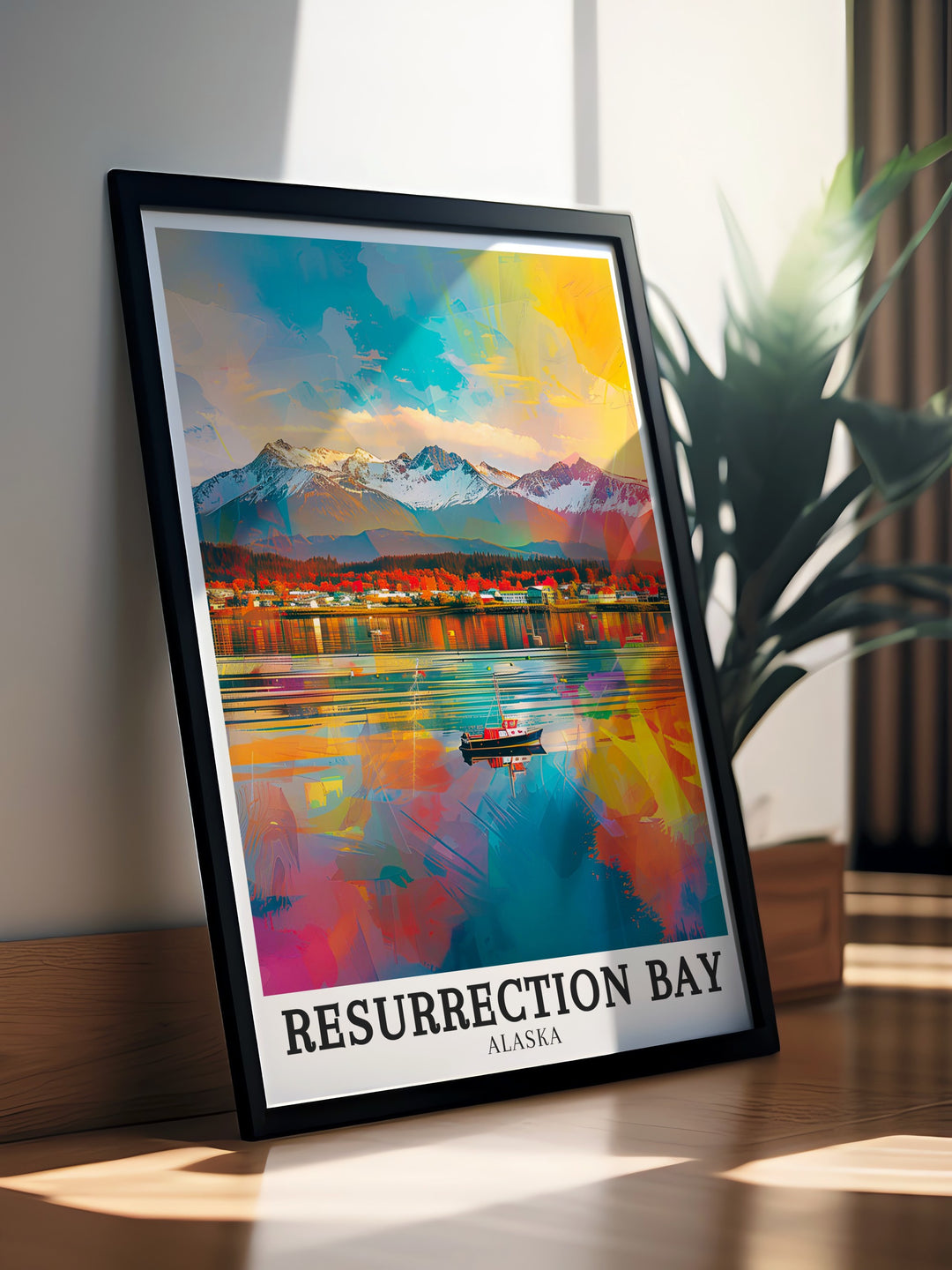 A beautifully detailed art print of Resurrection Bay, Seward Town, and the Kenai Peninsula in Alaska. This travel poster makes an excellent addition to any room and serves as a reminder of the serene and rugged beauty of Alaskas landscapes.