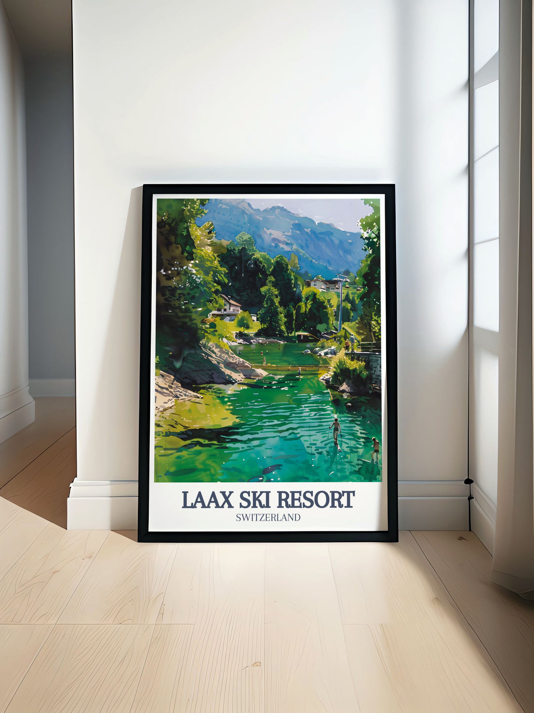 Laax Ski Resort Travel Poster featuring Lake Cauma and Rocksresort perfect for winter sports enthusiasts who love Switzerland skiing and snowboarding this vibrant artwork brings alpine beauty and adventure into any home or office space.