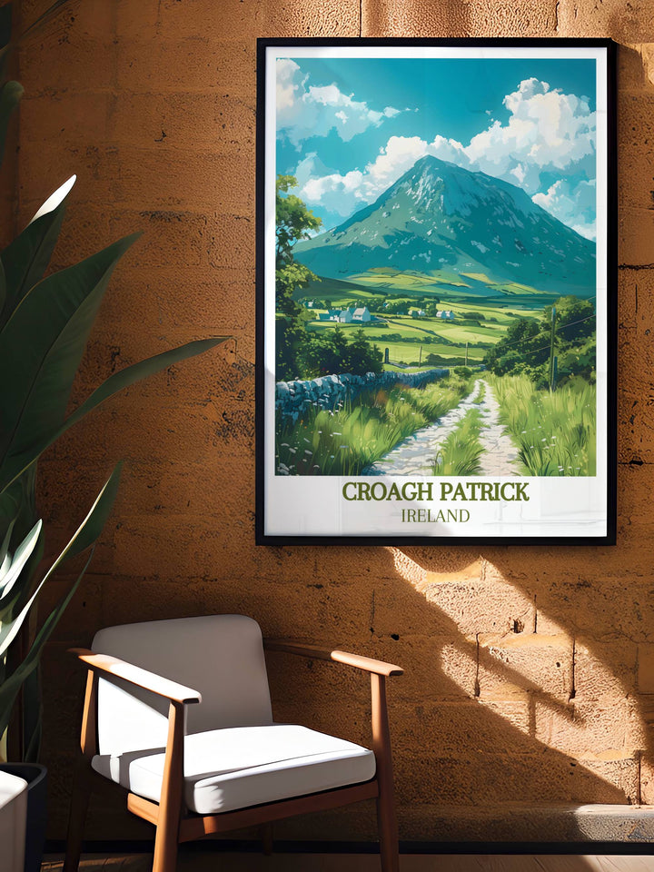 Celebrate the legacy of Saint Patrick with this beautiful Ireland travel print featuring the stunning landscapes of Tochar Phadraig and Croagh Patrick. Perfect for home decor and as a meaningful gift for lovers of Irish culture.