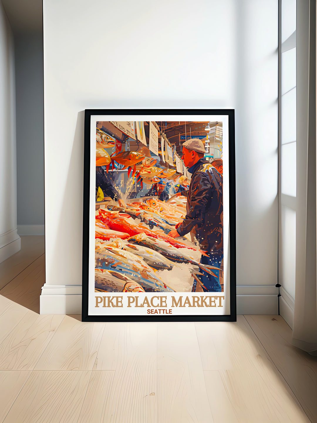 Seattle poster featuring the vibrant Pike Place Market showcasing colorful stalls and the lively atmosphere perfect for home decor includes the iconic Pike Place Fish Market with fishmongers tossing fresh seafood creating an energetic and dynamic scene