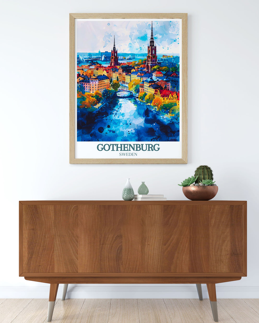 Highlighting the serene beauty of Gothenburgs canals, this travel poster features their reflective waters and picturesque surroundings. Ideal for those who appreciate peaceful urban landscapes, this artwork brings the calming charm of Gothenburgs canals into your living space.