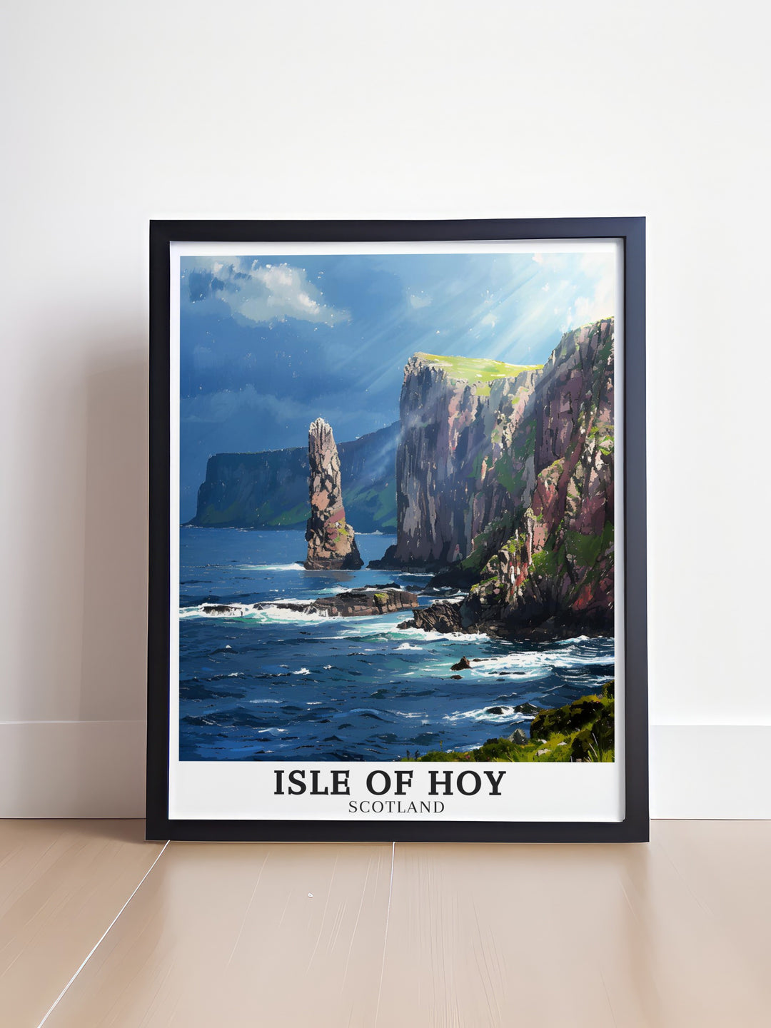 This Isle of Hoy travel poster captures the raw beauty of the Orkney Islands, featuring the iconic Old Man of Hoy and the majestic cliffs of St Johns Head. A stunning travel print that is ideal for lovers of Scotlands coastal landscapes and a perfect gift for nature enthusiasts.