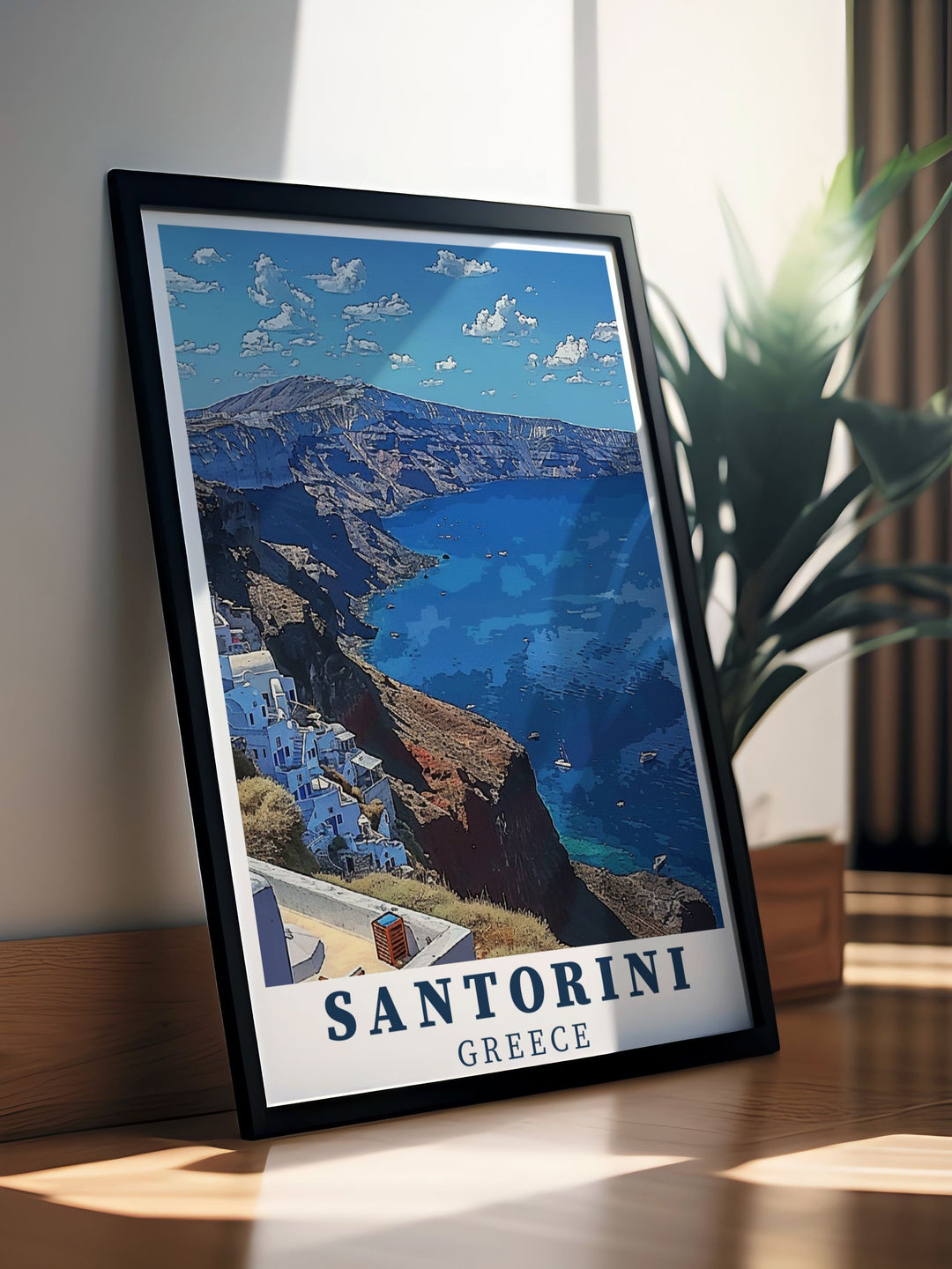 Captivating art print of Santorinis Caldera, showcasing the islands geological wonders and vibrant colors. Ideal for bringing a piece of the Mediterranean into your home.