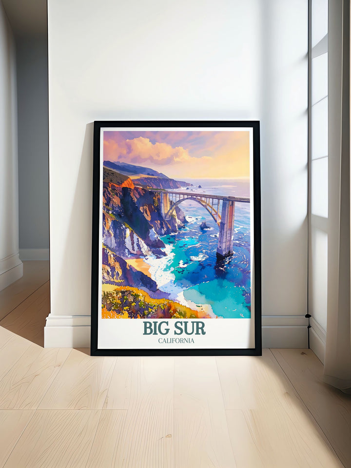The charm of Big Sur, with its blend of rugged natural beauty and iconic architecture, is brought to life in this poster, offering a piece of Californias coastal allure for your home.