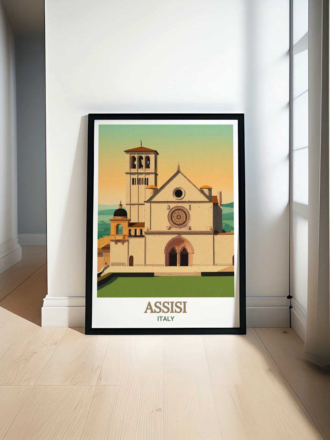 Beautiful Assisi travel gift featuring a detailed print of the Basilica of Saint Francis of Assisi. This Italy wall art captures the majestic architecture and spiritual depth of Assisi, perfect for decorating your home with a touch of Italian heritage