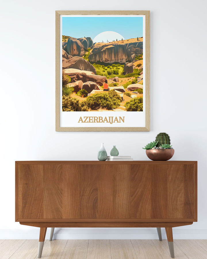 Gobustan National Park wall art featuring detailed petroglyphs and rugged terrain of Azerbaijan ideal for modern home or office decor this print offers a sophisticated way to celebrate the historical and natural beauty of Gobustan making it a memorable gift