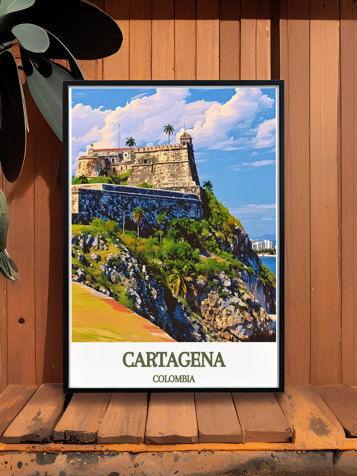 This vibrant travel poster features Cartagenas Castillo de San Felipe, capturing its imposing structure and scenic backdrop. Add a piece of Colombias historic beauty to your home with this captivating print.