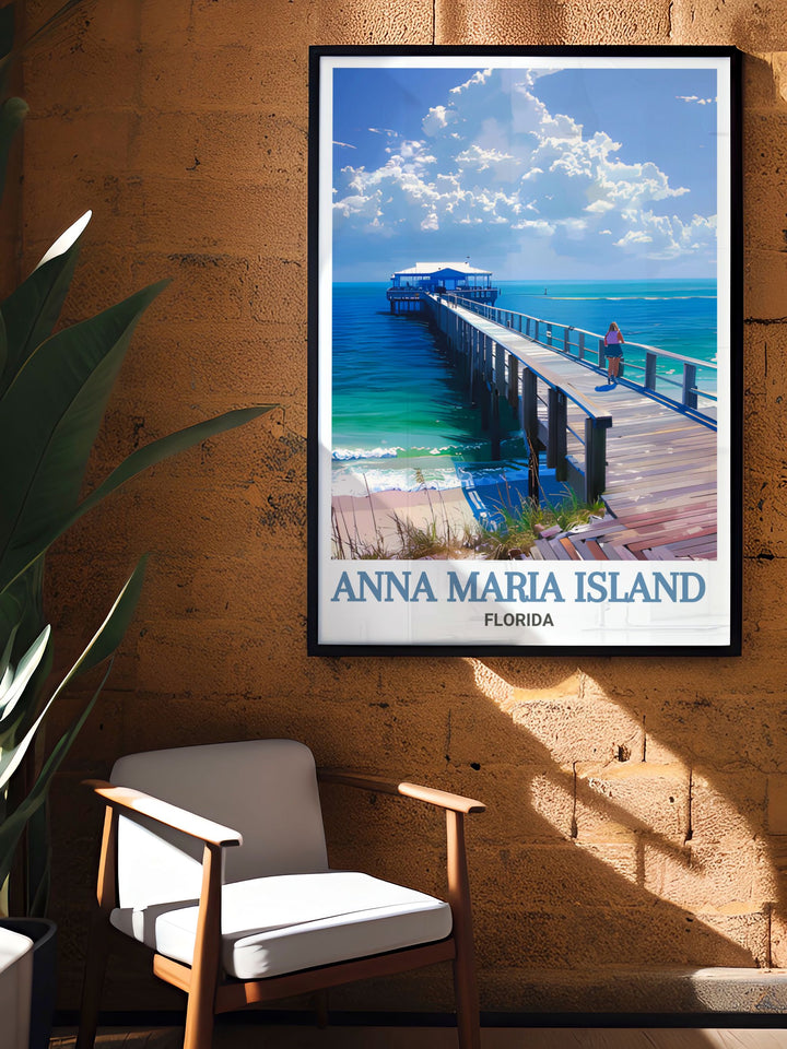 Bring Floridas Anna Maria City Pier into your home with this stunning travel poster print. Perfect wall decor for lovers of coastal living the artwork combines a fresh modern look with the tranquil beauty of Floridas iconic pier scene for any room.