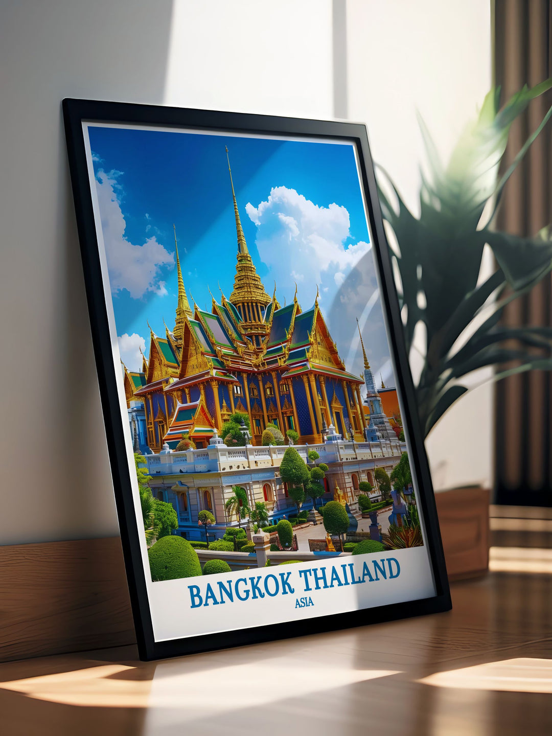 Custom print of Bangkoks Grand Palace at dusk, showing the palace illuminated against the evening sky, offering a majestic view for art lovers.