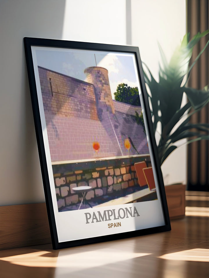 The Pamplona Travel Art showcases the iconic City Walls and Fortifications of Pamplona Spain making it an ideal addition to any collection of Spain wall art. This print adds cultural significance and historical depth to your living room or office space.