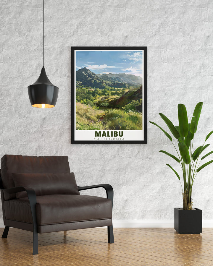 Malibu skyline poster and Creek State Park modern decor offer a perfect combination for home living both pieces feature unique artwork that captures the coastal charm of Malibu and the serene nature of Creek State Park making them great gifts for travelers