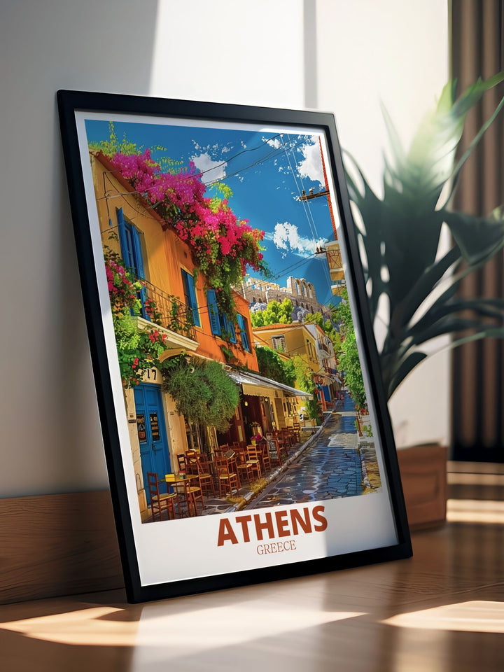 PlakaNeighborhood Travel Poster depicting the lively streets of Athens perfect for adding a cultural touch to your home decor a thoughtful gift for history enthusiasts and art lovers