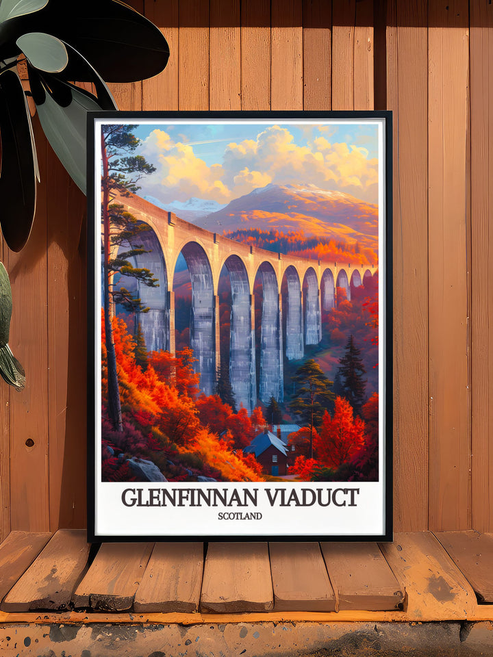 Vintage travel poster of the Glenfinnan Viaduct, featuring the iconic railway bridge and the lush landscapes of the Scottish Highlands, perfect for adding a nostalgic touch to your decor.