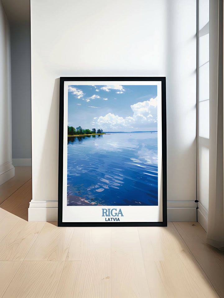 Riga wall poster featuring the tranquil waters of Lake Ķīšezers. This art print celebrates the peaceful ambiance of Latvias iconic lake, creating a soothing and nature filled atmosphere for your home decor.