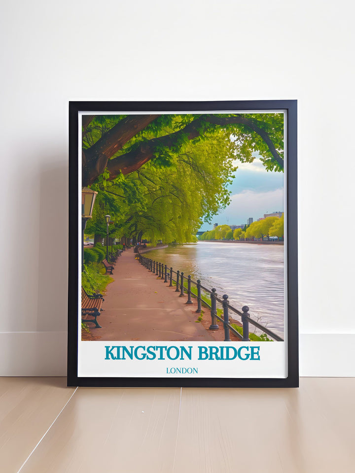 Featuring the iconic Kingston Bridge and its picturesque surroundings, this art print captures the essence of Londons historical landmarks.