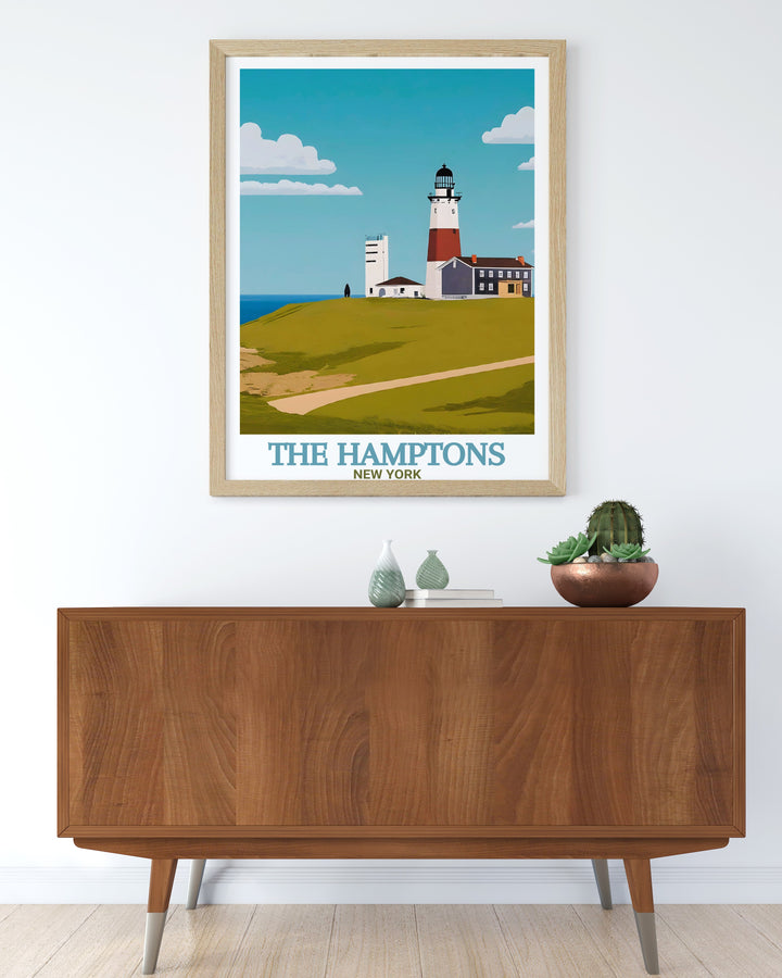 The Hamptons and Montauk Point Lighthouse are depicted in this stylish travel print, perfect for those who appreciate New Yorks coastal charm. With its vintage aesthetic and personalized options, this poster print adds a nostalgic touch to any room, ideal as both a décor piece and a gift.