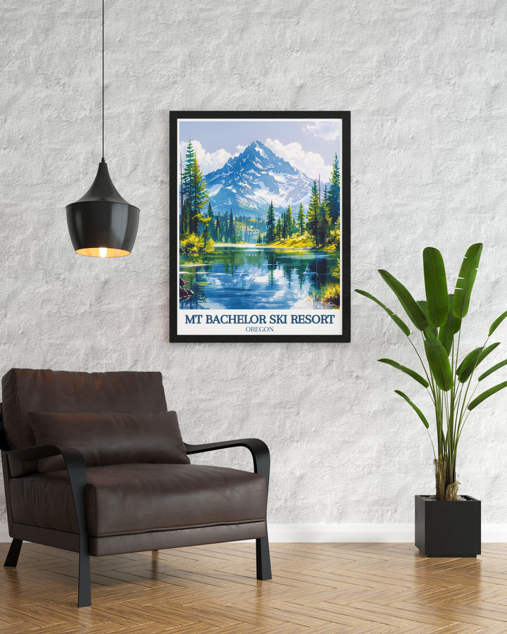 The retro travel poster style of this Mt Bachelor and Sparks Lake print adds a nostalgic charm to any room making it a thoughtful housewarming gift for friends and family who appreciate vintage ski art and natural beauty