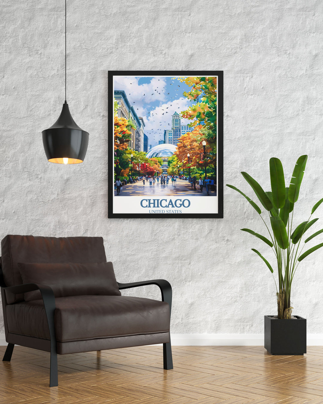 Showcasing the striking design of Cloud Gate, this poster adds a unique touch of Chicagos modern art to your decor. Experience the vibrant beauty of Millennium Park with this art print, highlighting the citys innovative spirit and rich history.