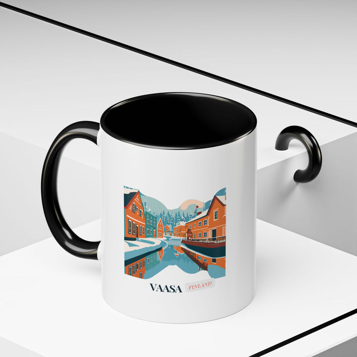 A premium Vaasa Finland mug displaying the citys scenic landscapes in vibrant detail. Made from durable ceramic, dishwasher and microwave safe, combining practicality with artistic expression for everyday enjoyment or special occasions, celebrating Vaasas unique spirit.