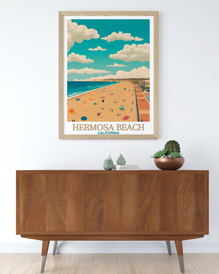 Featuring the iconic Hermosa Beach Pier and The Strand, this travel print captures the beauty and energy of Southern Californias coastline. Perfect as framed art or canvas art, it brings the beach to life in any room.