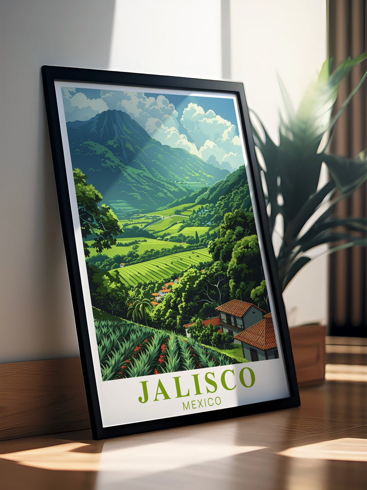 This Jalisco poster print features the stunning Tequila Landscape, showcasing the vibrant blue agave fields of Mexico. Perfect for travel lovers and those fascinated by Mexican culture, this artwork brings the essence of Jalisco to life in rich color and intricate detail.