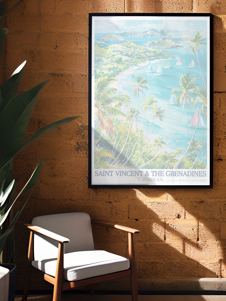 A vibrant travel print of Saint Vincent & The Grenadines featuring the picturesque Caribbean Sea. The poster offers an immersive view of the islands stunning coastline, making it ideal for those who love island landscapes and tropical themed décor.