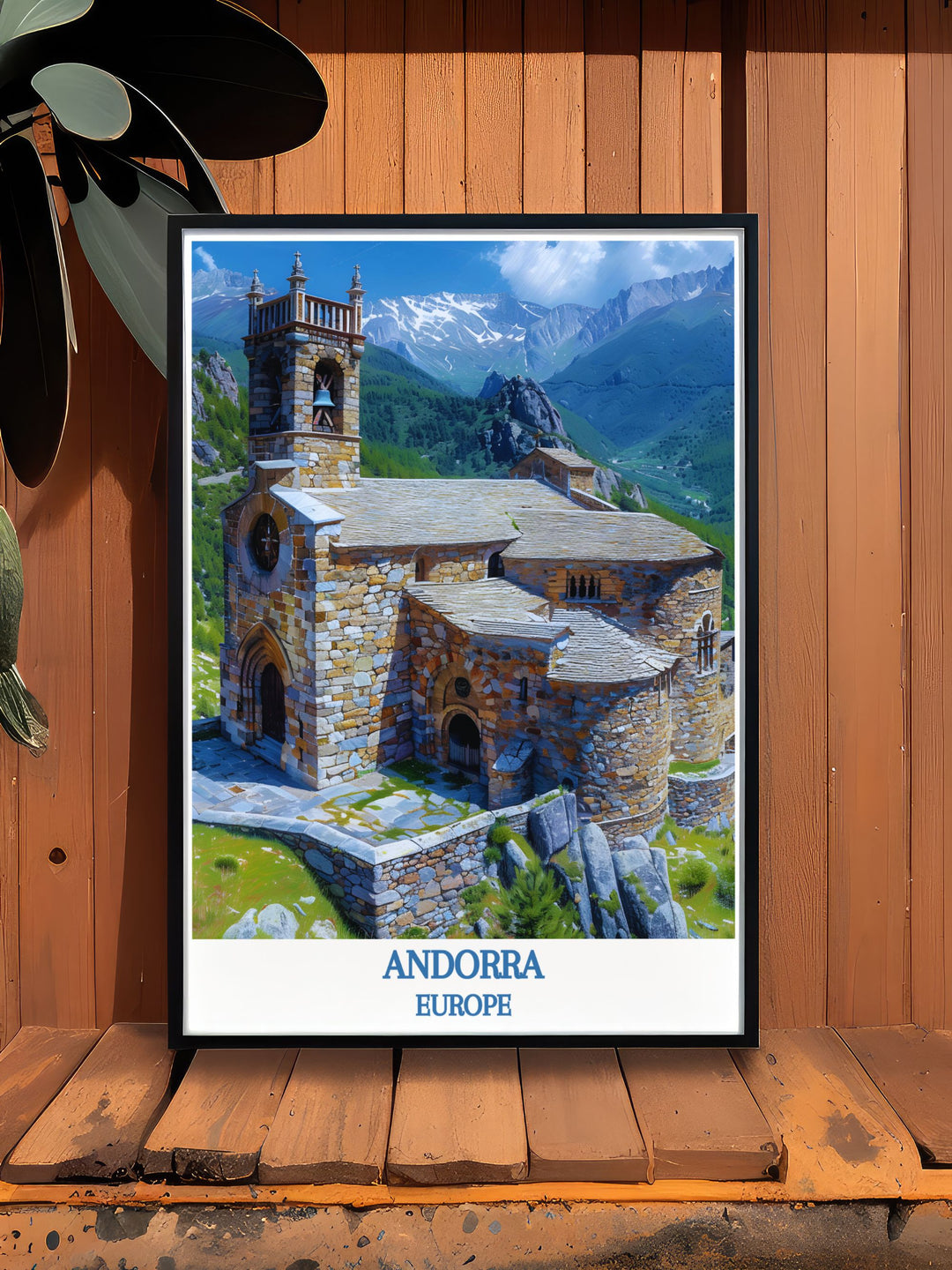 Canvas print featuring the iconic Sant Joan de Caselles Church set against the backdrop of Andorras lush valleys.