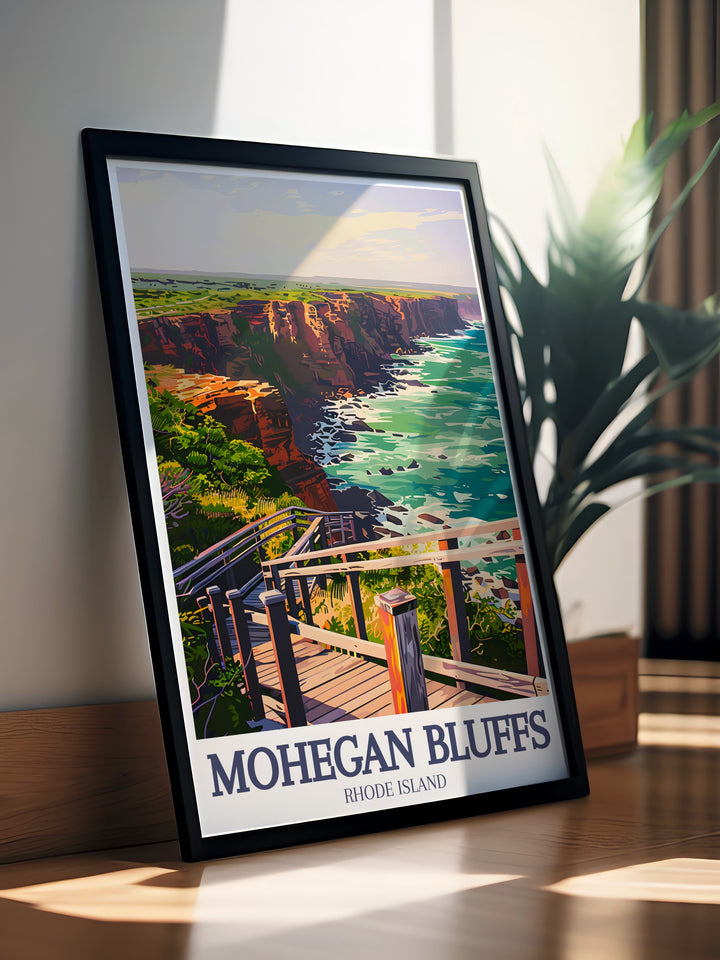 This vintage inspired travel print highlights the towering clay cliffs and Mohegan Bluffs Pavilion on Block Island. A perfect addition to your home or office, this poster captures the peaceful coastal scenery of one of Rhode Islands most famous landmarks.