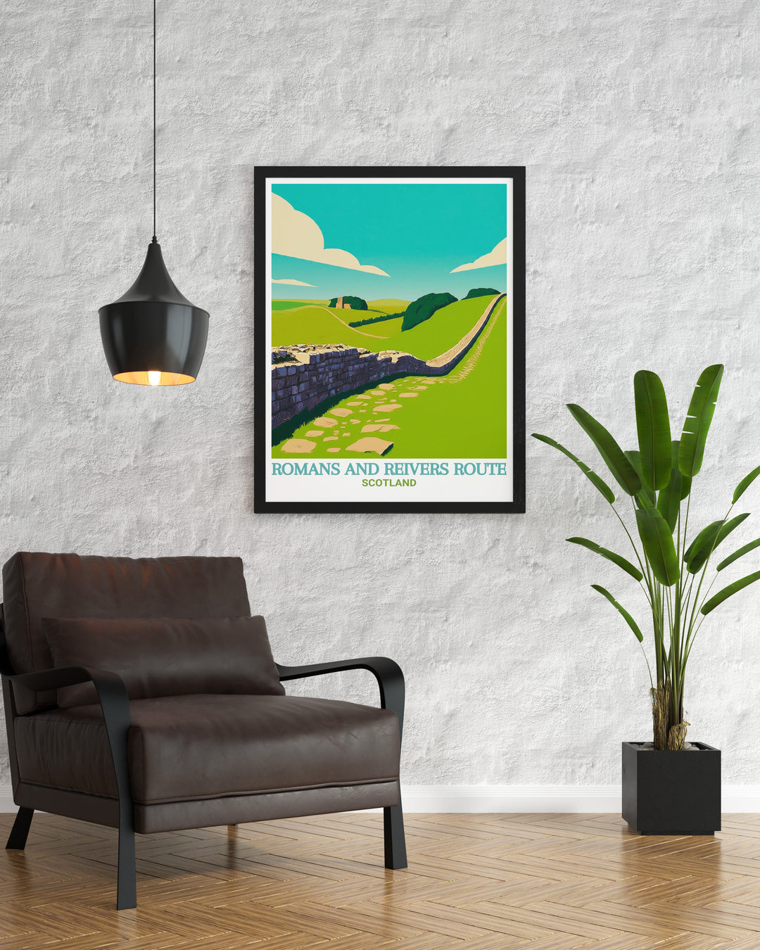 Bring the historic charm of Hadrians Wall into your home with this Reivers Route travel poster featuring Dumfries Galloway and the Forest of Ae a great addition to any collection of bucket list prints or perfect as a hiking gift.