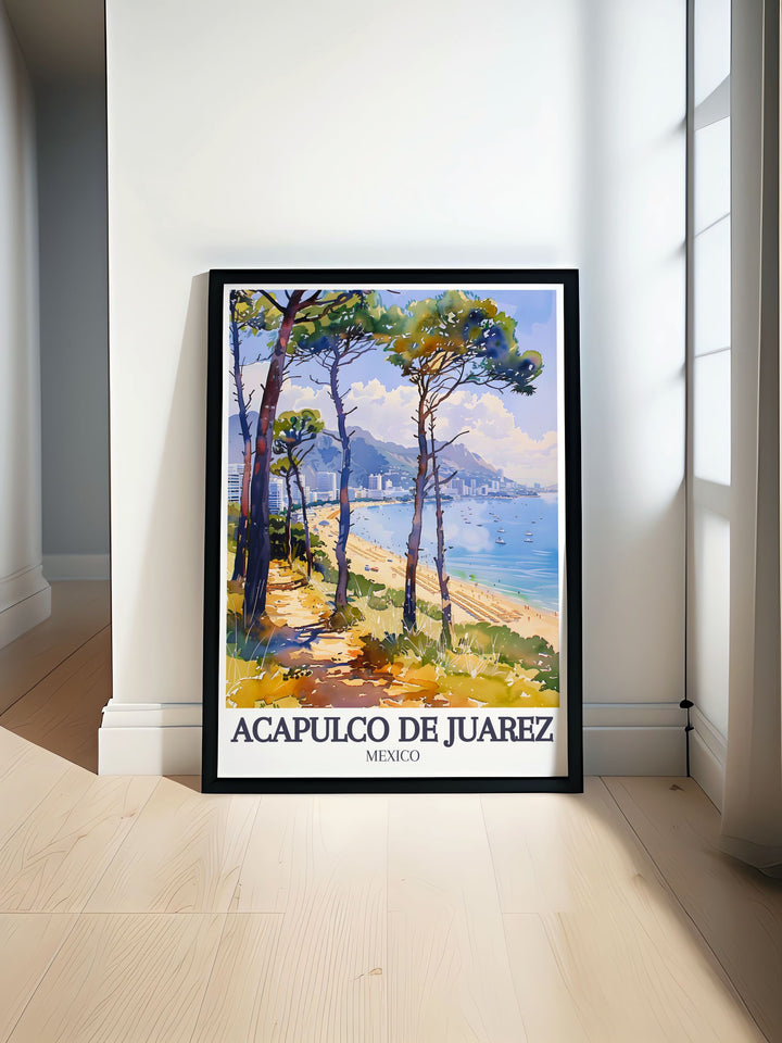 This travel poster of Acapulco de Juárez celebrates the rich cultural heritage and natural beauty of the city, featuring Playa Condesa and Acapulco Bay.