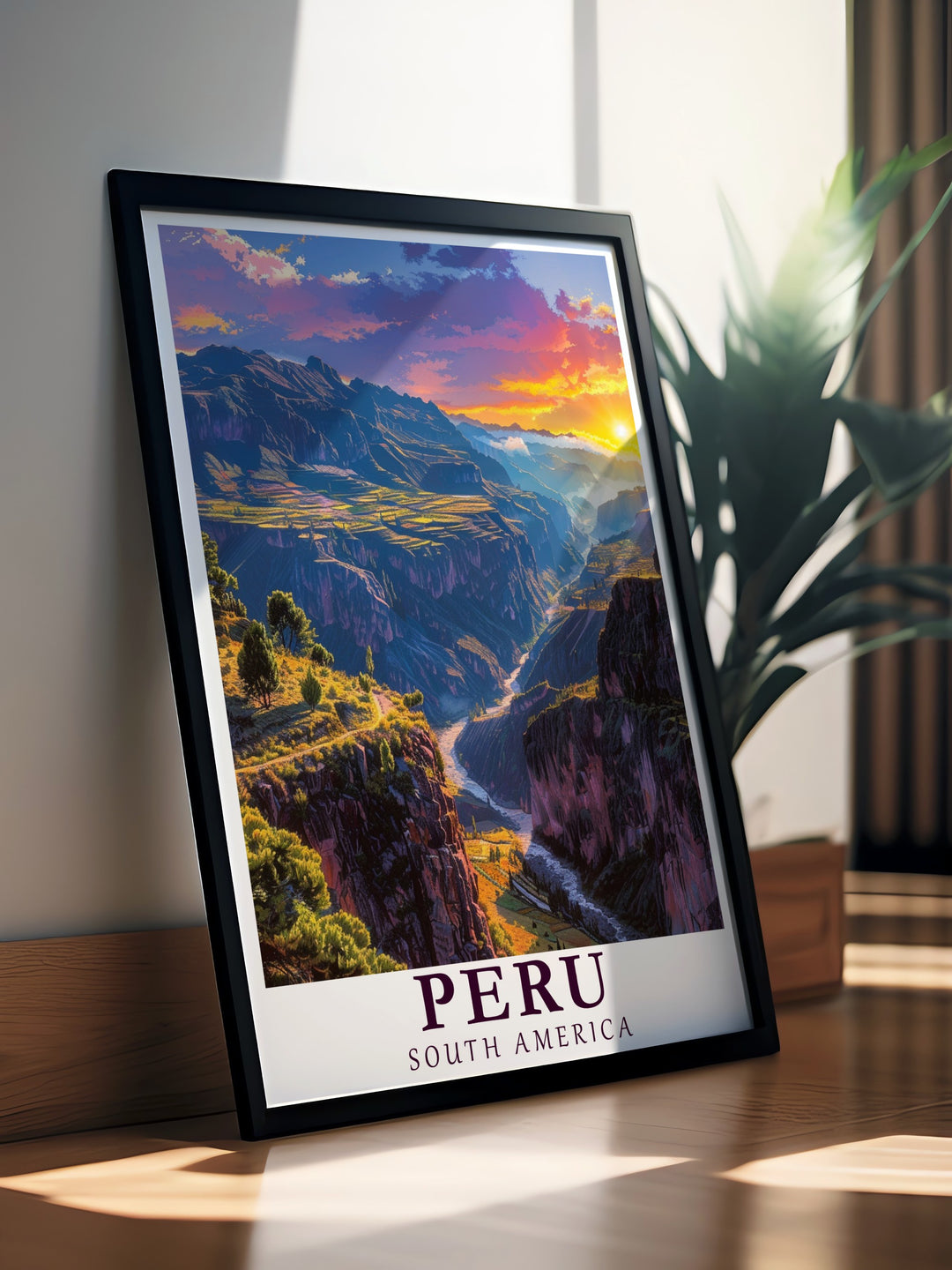 Colca Canyon canvas art highlighting Perus majestic landscapes. This detailed wall art captures the depth and grandeur of Colca Canyon, accompanied by the modern charm of Lima. The vibrant colors and intricate details make it a perfect addition to any space celebrating South Americas natural wonders.