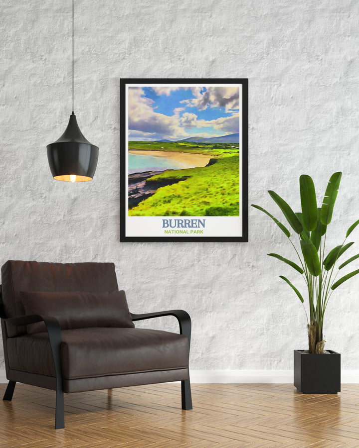 A beautifully detailed art print of Burren National Park in Ireland, focusing on the parks distinctive limestone formations and vibrant wildflowers. This print is a must have for anyone who appreciates the natural beauty and geological history of Ireland.