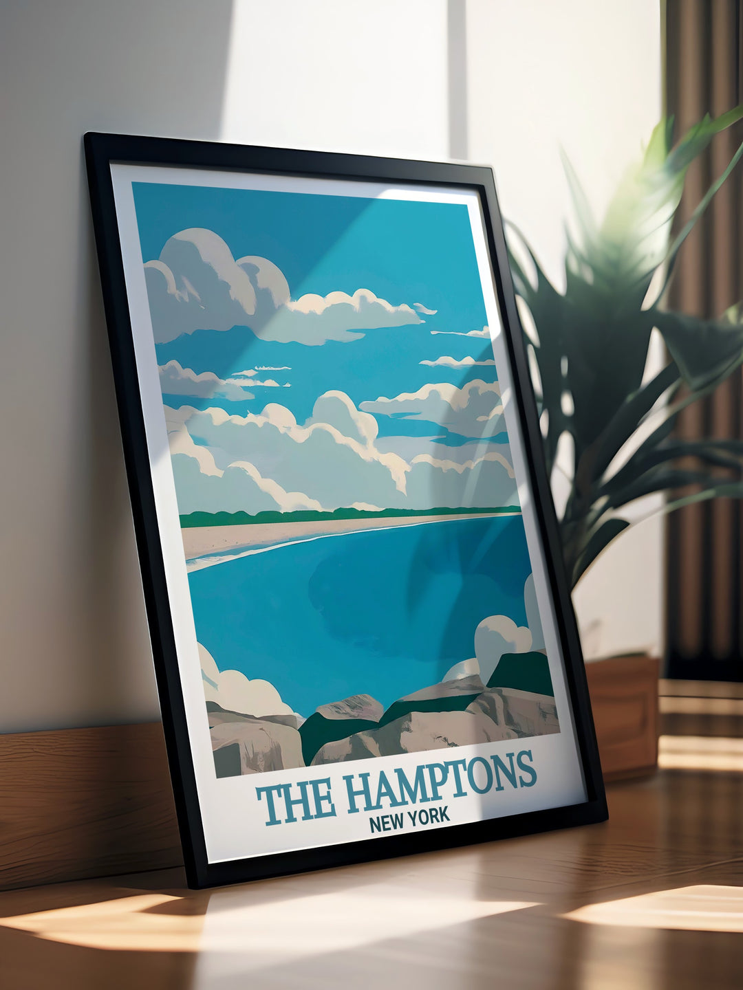 The Hamptons travel print, featuring Coopers Beach, brings the beauty of New Yorks coastline into any room. The vintage style poster highlights the tranquil sands and ocean waves, making it a perfect personalized gift for those who love beach destinations.