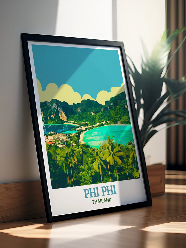 Phi Phi Viewpoint travel print illustrating the breathtaking scenery of Thailands Phi Phi Islands, featuring expansive views of the Andaman Sea, verdant hills, and serene beaches. This canvas art offers a vibrant and immersive experience, bringing the natural beauty of Thailand into your living room or office.